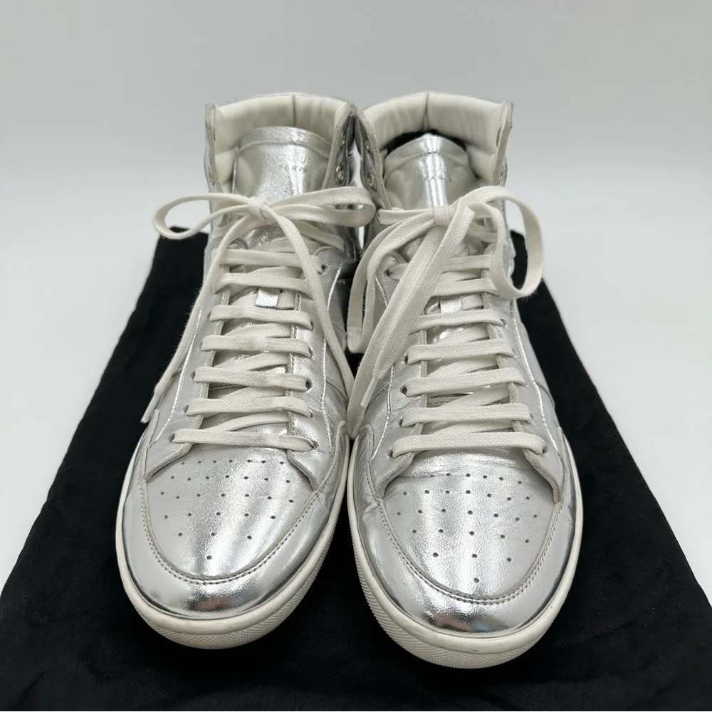 Saint Laurent Men's Metallic Silver Leather Hi-top Sneaker 418026 - Picture 3 of 11